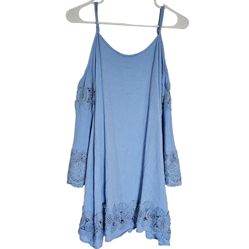 Fashion on Earth Blue Cold Shoulder Mini Dress - Women's S - Lace, Boho, Bell - Picture 2 of 10